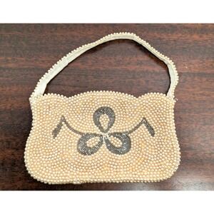Vintage Debbie Beaded‎ Faux Pearl Evening Handbag Purse Cream Grey 1960s Japan